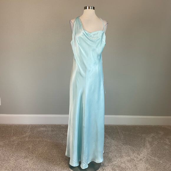 Bardot Satin Backless One Shoulder Slip Dress Evening Gown Blue Size 12 Formal - Picture 2 of 10